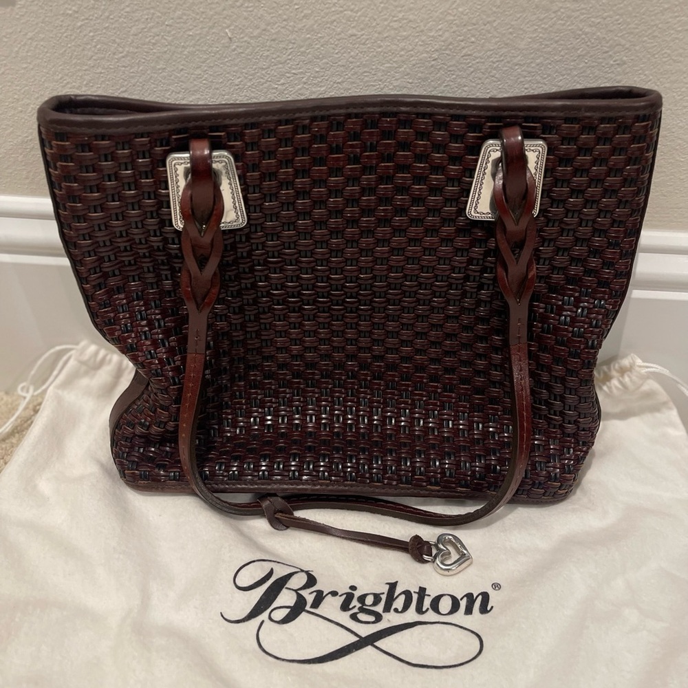 Brighton Deep Oxblood Brown Woven Leather Medium Tote Shoulder Bag